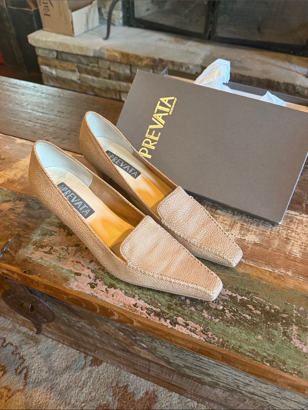 Prevata Beige/Tan Textured Leather Pointed-Toe Loafers
